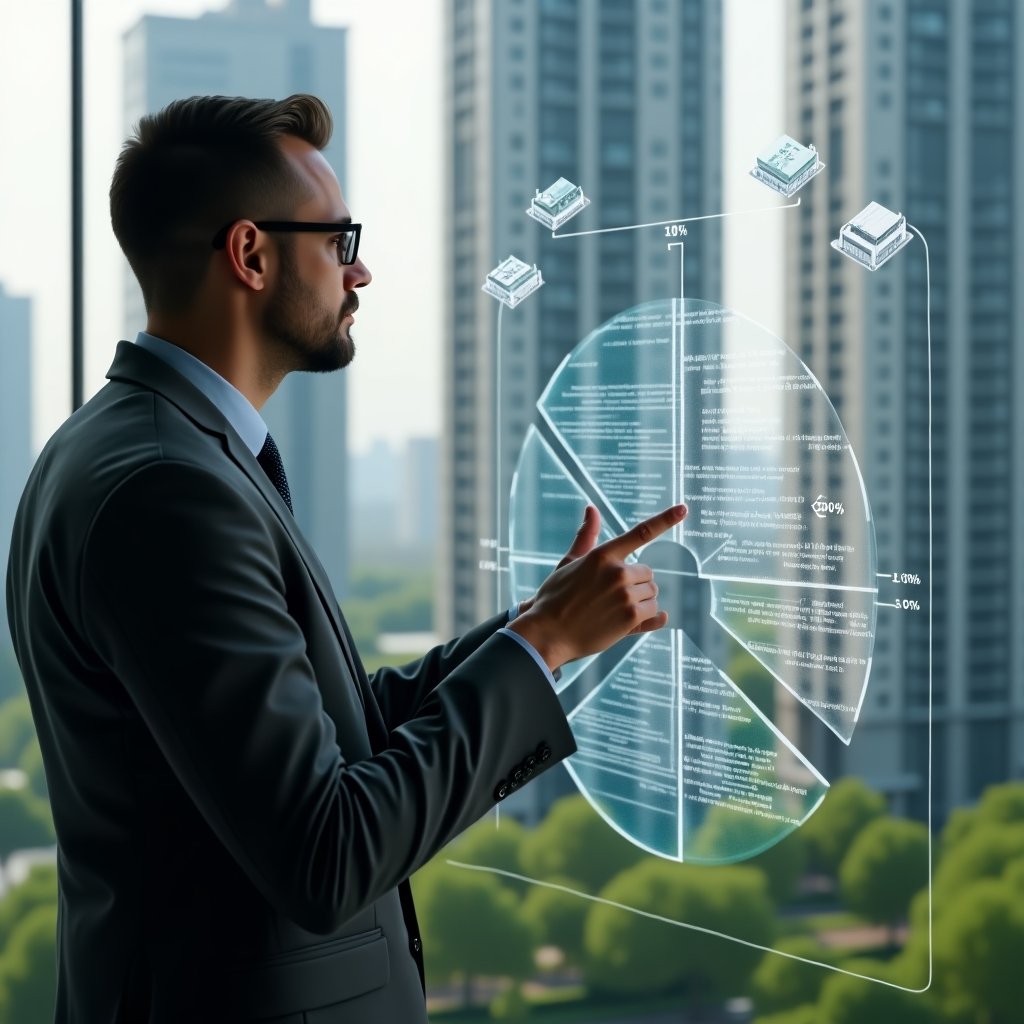 (Ultra-realistic condominium manager in a charcoal gray suit, set in a modern luxury condominium environment with high-rise buildings and manicured green landscaping, confidently examining a holographic floor plan and pointing to segmented pie-chart fractions representing unit shares, floating icons of buildings and percentages around them, cinematic lighting, shallow depth of field, highly detailed textures, realistic skin, photographic realism, 8k resolution --ar 1:1 --v 6)