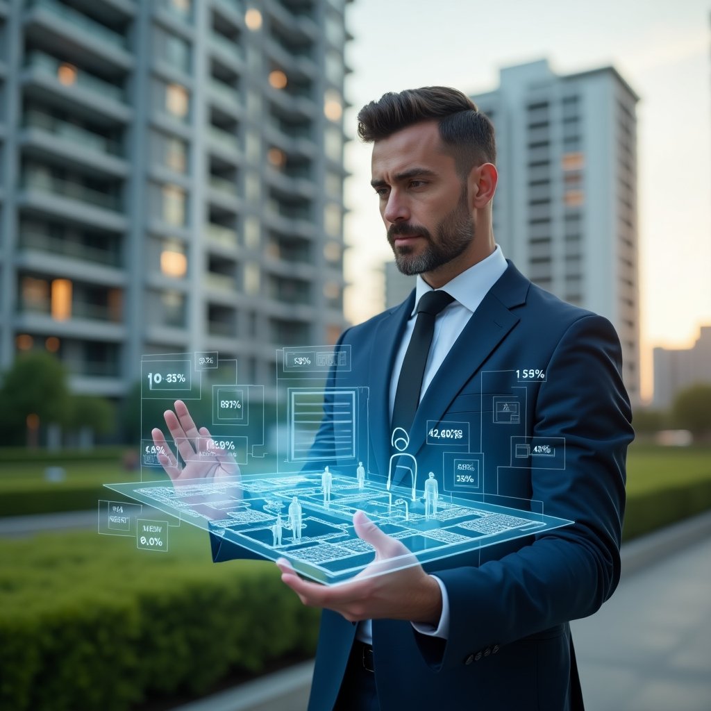 Ultra-realistic property manager in a navy suit, set in a modern luxury condominium environment with high-rise buildings and manicured green landscaping, holding a transparent holographic floor plan with percentage symbols while analyzing data thoughtfully, holographic icons of area divisions floating around, cinematic lighting, shallow depth of field, highly detailed textures, realistic skin, photographic realism, 8k resolution --ar 1:1 --v 6