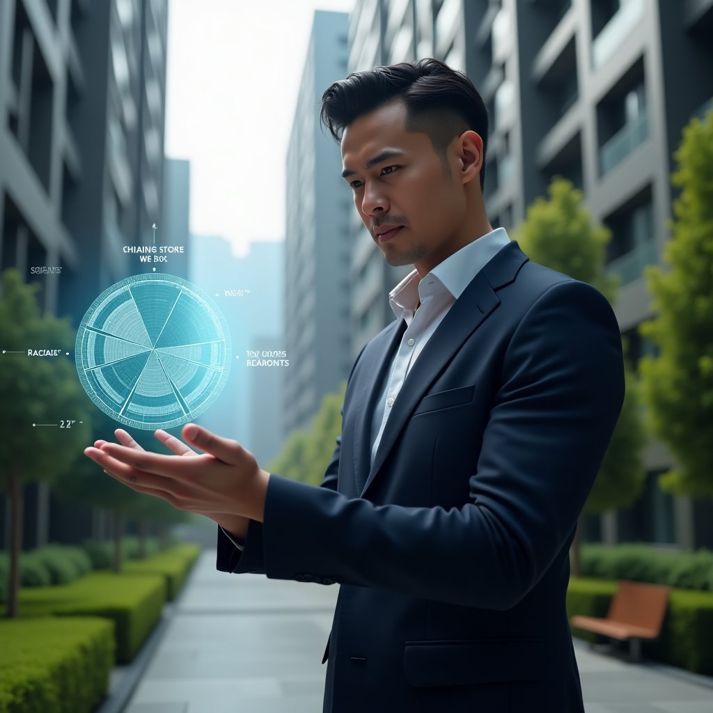 (Ultra-realistic condominium manager in a dark navy suit, set in a modern luxury condominium environment with high-rise buildings and lush green landscaping, analyzing a floating holographic pie chart displaying unit fractions and percentages, confident and thoughtful expression, cinematic lighting, shallow depth of field, highly detailed textures, realistic skin, photographic realism, 8k resolution --ar 1:1 --v 6)