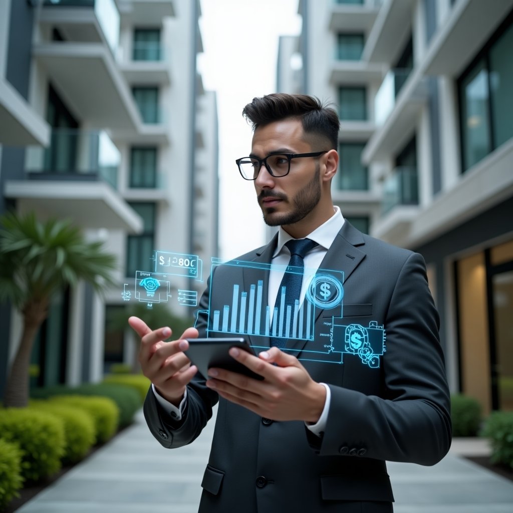 (Ultra-realistic condominium manager in a tailored dark gray suit, set in a modern luxury condominium environment with high-rise buildings and manicured green landscaping, reviewing floating holographic financial charts and cost-optimization graphs with a confident, analytical expression, augmented by semi-transparent money and gear icons symbolizing budget control and service quality, cinematic lighting, shallow depth of field, highly detailed textures, realistic skin, photographic realism, 8k resolution --ar 1:1 --v 6)