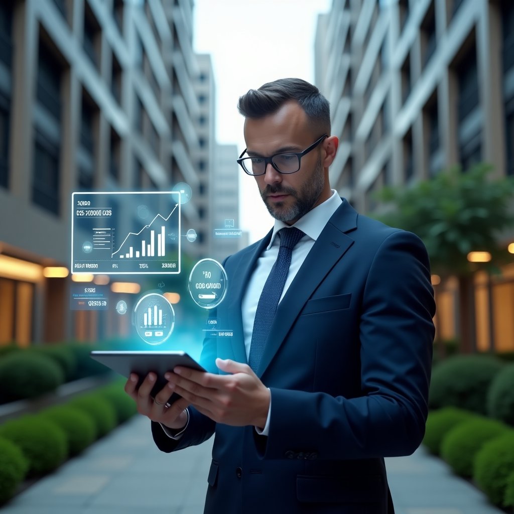 Ultra-realistic property manager in a navy blue suit, set in a modern luxury condominium environment with high-rise buildings and green landscaping, mid shot of a confident professional analyzing holographic financial charts floating above a tablet, glowing pie charts and expense icons symbolizing ordinary and extraordinary costs, cinematic lighting, shallow depth of field, highly detailed textures, realistic skin, photographic realism, 8k resolution --ar 1:1 --v 6