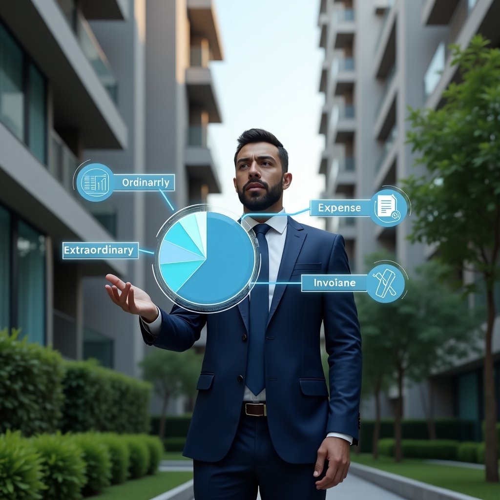 Ultra-realistic condominium manager in a tailored navy-blue suit, set in a modern luxury condominium environment with high-rise buildings and manicured green landscaping, mid-shot analyzing a holographic pie chart divided into “ordinary” and “extraordinary” expense segments, floating icons of invoices and repair tools beside him, confident and focused expression, cinematic lighting, shallow depth of field, highly detailed textures, realistic skin, photographic realism, 8k resolution --ar 1:1 --v 6