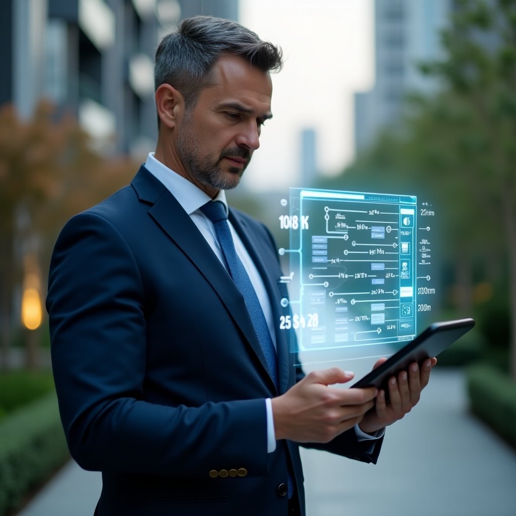 (Ultra-realistic condominium manager in a tailored navy blue suit, set in a modern luxury condominium environment with high-rise buildings and meticulously landscaped greenery, holding a digital tablet projecting a holographic schedule timeline, examining task deadlines and budgets with a focused, confident expression, floating icons of maintenance tools and checklist holograms around, cinematic lighting, shallow depth of field, highly detailed textures, realistic skin, photographic realism, 8k resolution --ar 1:1 --v 6)