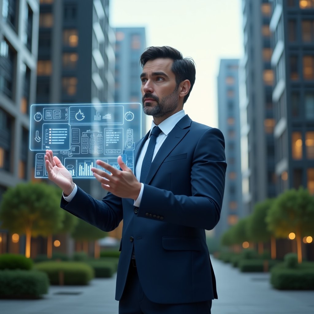 Ultra-realistic condominium manager in a sleek navy-blue suit, set in a modern luxury condominium environment with high-rise buildings and manicured gardens, analyzing a floating holographic interface displaying app dashboards and building icons, with futuristic holographic charts and clock symbols representing process optimization and cost reduction, cinematic lighting, shallow depth of field, highly detailed textures, realistic skin, photographic realism, 8k resolution --ar 1:1 --v 6