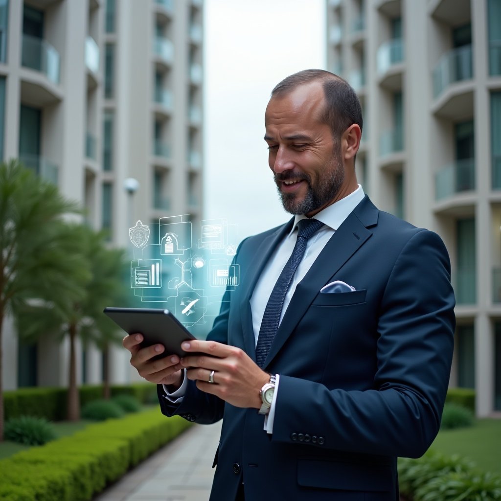 (Ultra-realistic condominium manager in a tailored navy suit, set in a modern luxury condominium environment with high-rise buildings and manicured green landscaping, holding a tablet with a floating holographic interface displaying app icons and analytics, confidently analyzing data, futuristic holographic elements symbolizing an aplicativo de gestão, cinematic lighting, shallow depth of field, highly detailed textures, realistic skin, photographic realism, 8k resolution --ar 1:1 --v 6)