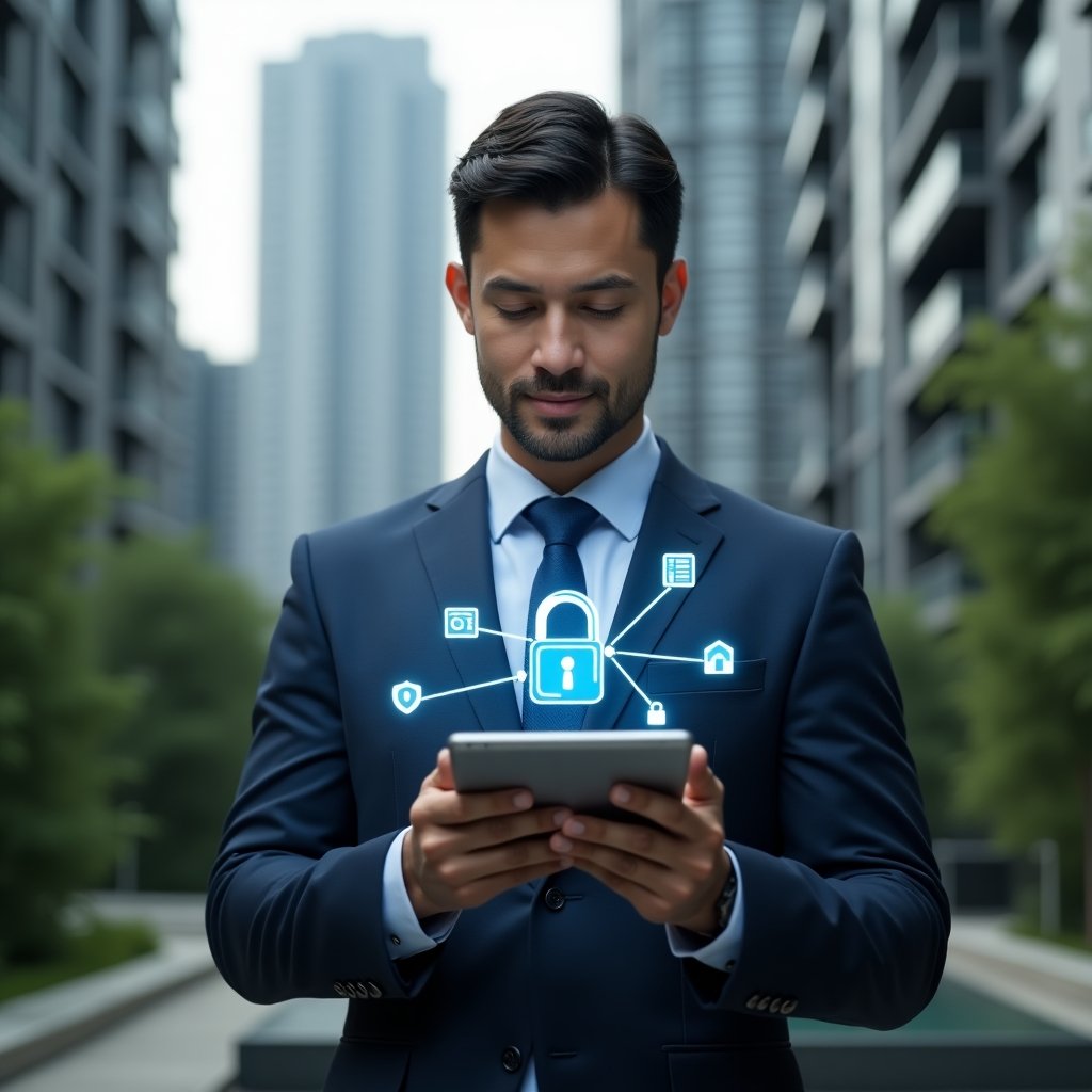 (Ultra-realistic condominium manager in a dark blue executive suit, set in a modern luxury condominium environment with high-rise buildings and lush green landscaping, holding a tablet displaying a sleek condo management app interface, confident and focused expression, holographic icons of a padlock, user interface elements and connected nodes floating beside the tablet to symbolize security, usability and integration, cinematic lighting, shallow depth of field, highly detailed textures, realistic skin, photographic realism, 8k resolution --ar 1:1 --v 6)