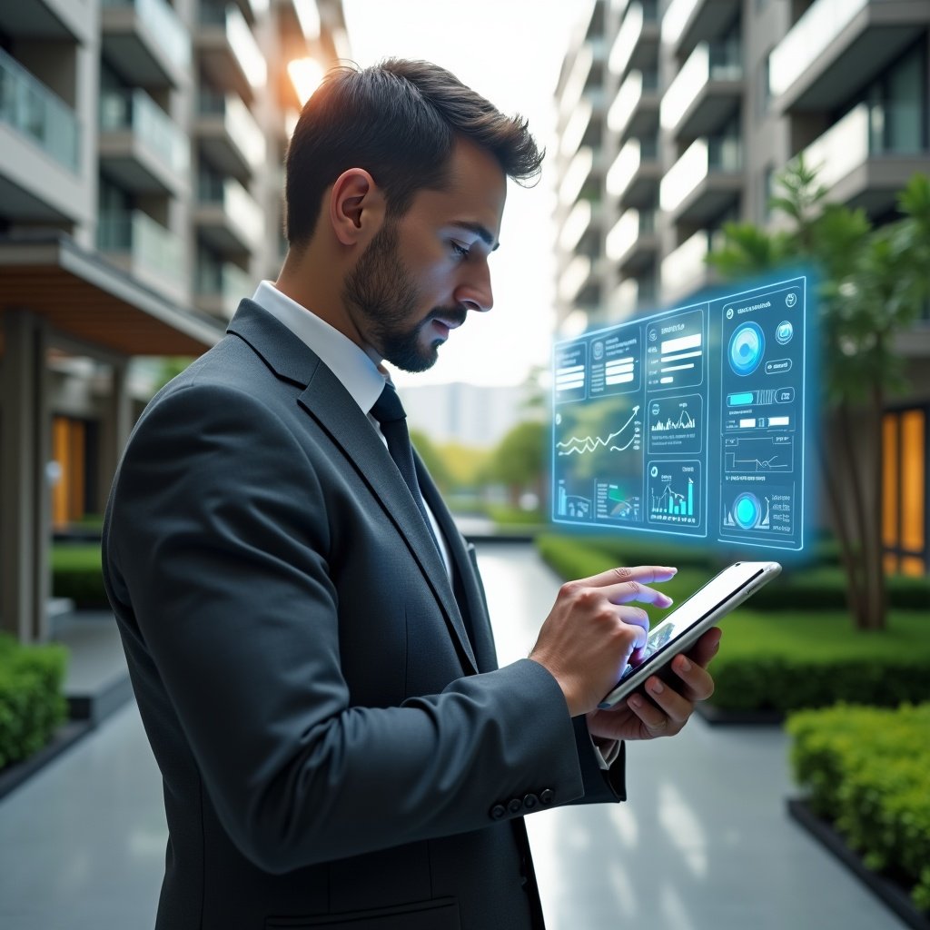 Ultra-realistic condominium manager in a charcoal gray tailored suit, set in a modern luxury condominium environment with high-rise buildings and manicured green landscaping, holding a tablet and confidently analyzing a floating holographic dashboard of a condominium management app, app icons and data charts glowing around them, cinematic lighting, shallow depth of field, highly detailed textures, realistic skin, photographic realism, 8k resolution --ar 1:1 --v 6