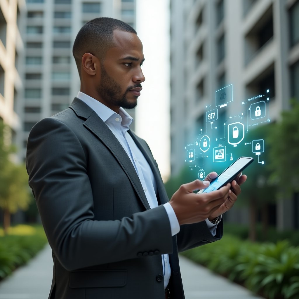 Ultra-realistic condominium manager in a charcoal gray tailored suit, set in a modern luxury condominium environment with high-rise buildings and lush green landscaping, examining a floating holographic app interface displaying usability, security, and cost-benefit icons, confident and focused expression, cinematic lighting, shallow depth of field, highly detailed textures, realistic skin, photographic realism, 8k resolution --ar 1:1 --v 6