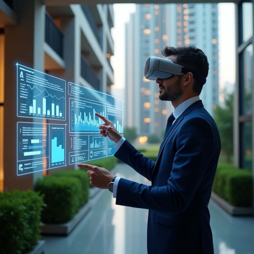 (Ultra-realistic condominium manager in a navy blue executive suit, set in a modern luxury condominium environment with high-rise buildings and manicured green landscaping, confidently pointing at a holographic condominium management app interface displaying charts, financial graphs and reservation schedules, floating app icons and holograms around him, cinematic lighting, shallow depth of field, highly detailed textures, realistic skin, photographic realism, 8k resolution --ar 1:1 --v 6)