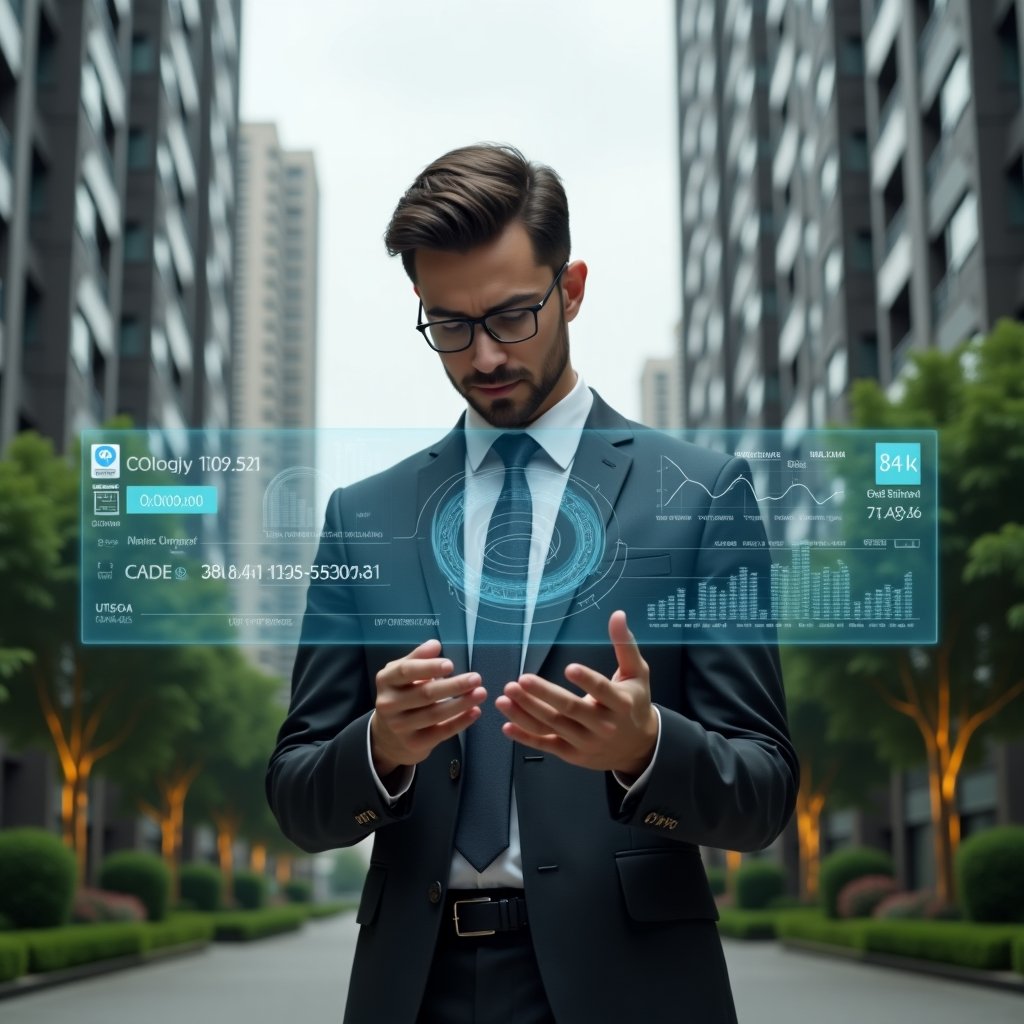 (Ultra-realistic condominium manager in a charcoal suit, set in a modern luxury condominium environment with high-rise buildings and impeccably landscaped greenery, examining a floating holographic financial dashboard with charts and expense icons, confident and focused expression, cinematic lighting, shallow depth of field, highly detailed textures, realistic skin, photographic realism, 8k resolution --ar 1:1 --v 6)