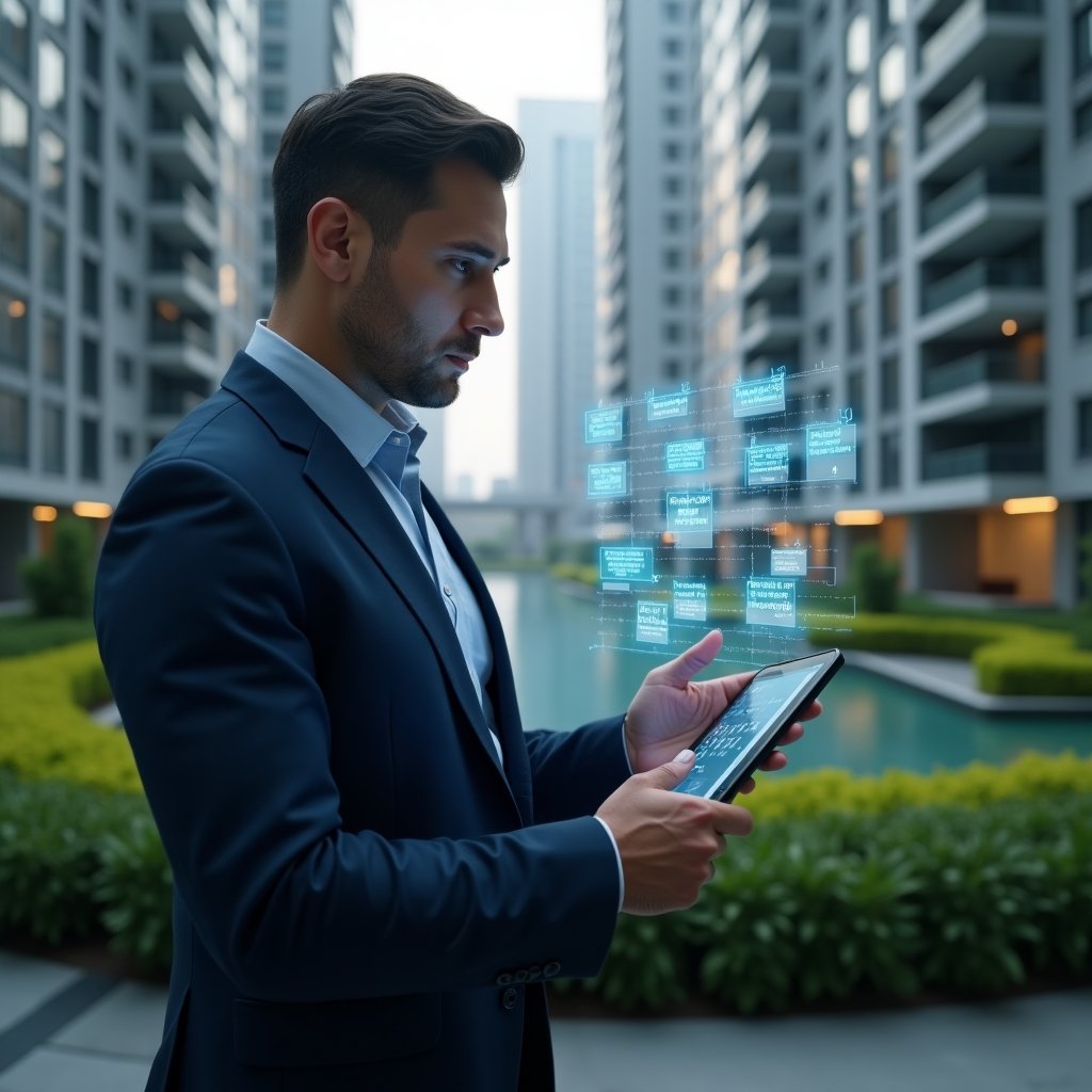 (Ultra-realistic condominium manager in a navy blue executive suit, set in a modern luxury condominium environment with high-rise buildings and manicured green landscaping, reviewing a holographic calendar projected from a tablet with floating task icons and deadline markers, focused and confident expression, cinematic lighting, shallow depth of field, highly detailed textures, realistic skin, photographic realism, 8k resolution --ar 1:1 --v 6)