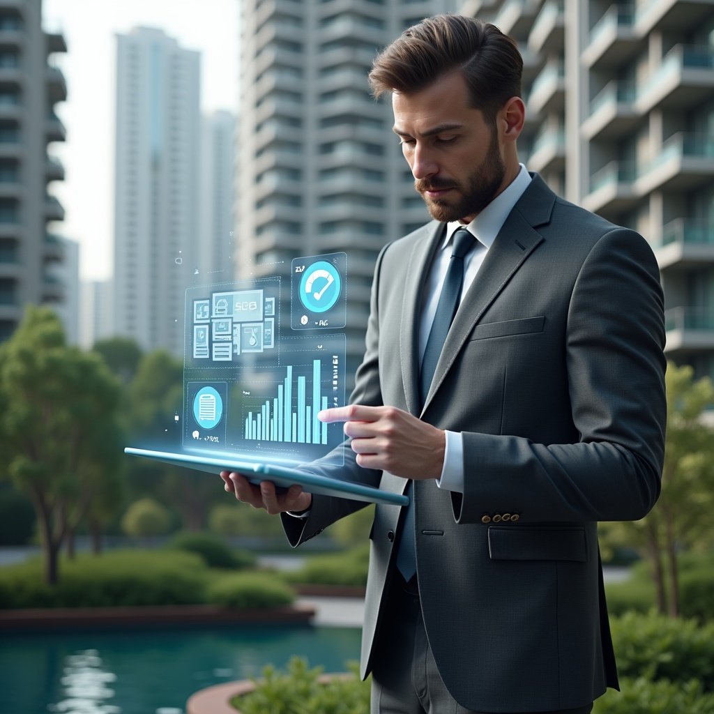 Ultra-realistic condominium manager in a charcoal gray suit, set in a modern luxury condominium environment with high-rise buildings and meticulously landscaped gardens, examining a floating holographic financial report with charts and graphs in mid-air, confidently pointing at data on a transparent tablet, symbolic hologram icons of documents and checkmarks surrounding them, cinematic lighting, shallow depth of field, highly detailed textures, realistic skin, photographic realism, 8k resolution --ar 1:1 --v 6