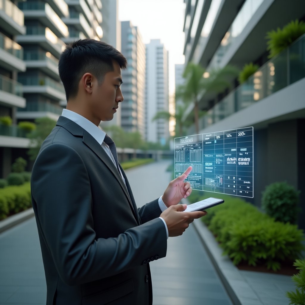 Ultra-realistic property manager in a charcoal gray suit, set in a modern luxury condominium environment with high-rise buildings and pristine green landscaping, holding a digital tablet projecting a holographic calendar and maintenance icons, confidently tapping to schedule tasks, cinematic lighting, shallow depth of field, highly detailed textures, realistic skin, photographic realism, 8k resolution --ar 1:1 --v 6