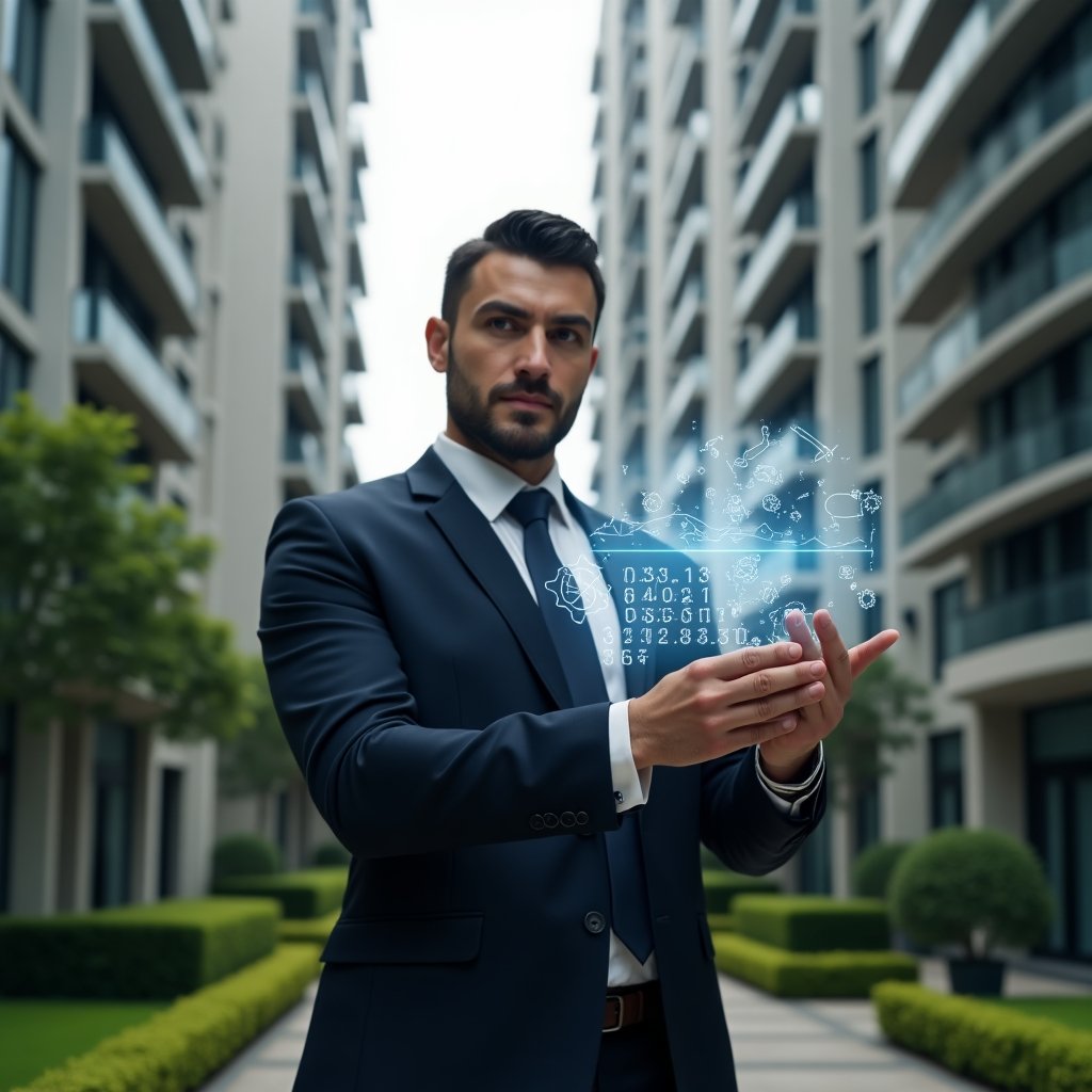 (Ultra-realistic condo manager in a tailored dark suit, set in a modern luxury condominium environment with high-rise buildings and manicured green landscaping, holding a holographic activity calendar scheduling inspections, maintenance and assemblies, looking confident and focused, glowing schedule icons and gear symbols floating around, cinematic lighting, shallow depth of field, highly detailed textures, realistic skin, photographic realism, 8k resolution --ar 1:1 --v 6)