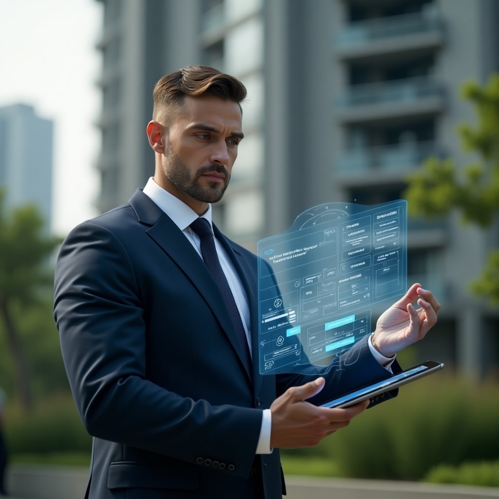 Ultra-realistic condominium manager in a tailored navy suit, set in a modern luxury condominium environment with high-rise buildings and lush green landscaping, holding a digital tablet displaying a holographic schedule timeline, confidently analyzing maintenance and assembly dates, subtle icons of inspections and meetings floating around, cinematic lighting, shallow depth of field, highly detailed textures, realistic skin, photographic realism, 8k resolution --ar 1:1 --v 6