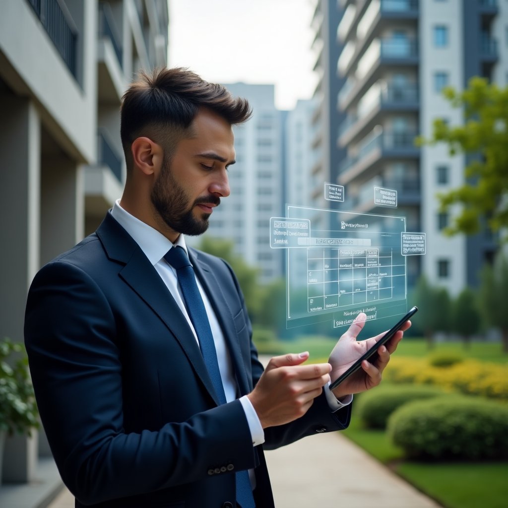 Ultra-realistic condominium manager in a tailored navy suit, set in a modern luxury condominium environment with high-rise buildings and lush green landscaping, confidently checking a holographic calendar schedule with monthly, quarterly and annual task icons floating around, cinematic lighting, shallow depth of field, highly detailed textures, realistic skin, photographic realism, 8k resolution --ar 1:1 --v 6