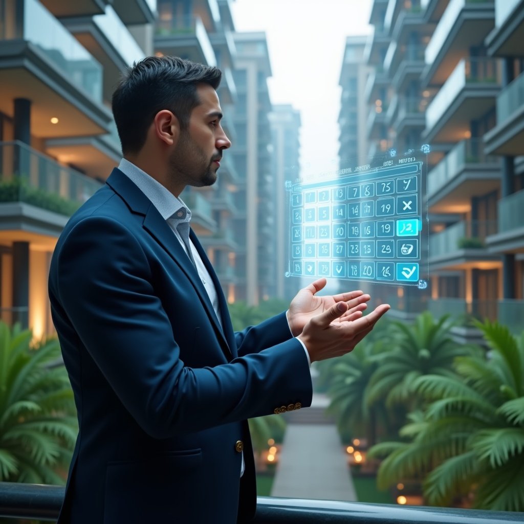 Ultra-realistic condominium manager in a navy suit, set in a modern luxury condominium environment with high-rise buildings and lush green landscaping, holding a holographic digital schedule interface displaying calendars and checkmarks, confidently analyzing tasks on a floating calendar, cinematic lighting, shallow depth of field, highly detailed textures, realistic skin, photographic realism, 8k resolution --ar 1:1 --v 6