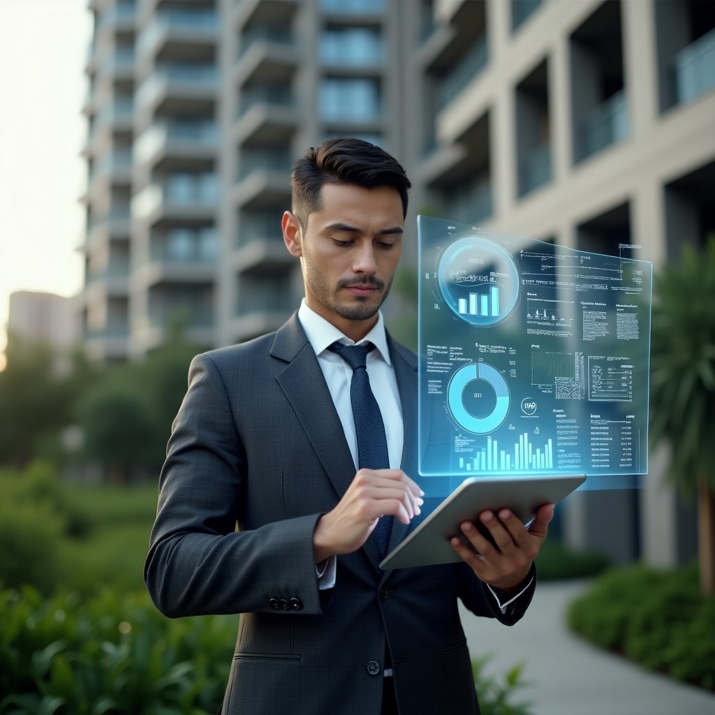 (Ultra-realistic condominium manager in a tailored charcoal suit, set in a modern luxury condominium environment with high-rise buildings and lush green landscaping, medium shot focusing on the manager holding a tablet displaying holographic financial charts and graphs, confidently analyzing transparent accounting data, floating pie chart and bar graph holograms around them, cinematic lighting, shallow depth of field, highly detailed textures, realistic skin, photographic realism, 8k resolution --ar 1:1 --v 6)