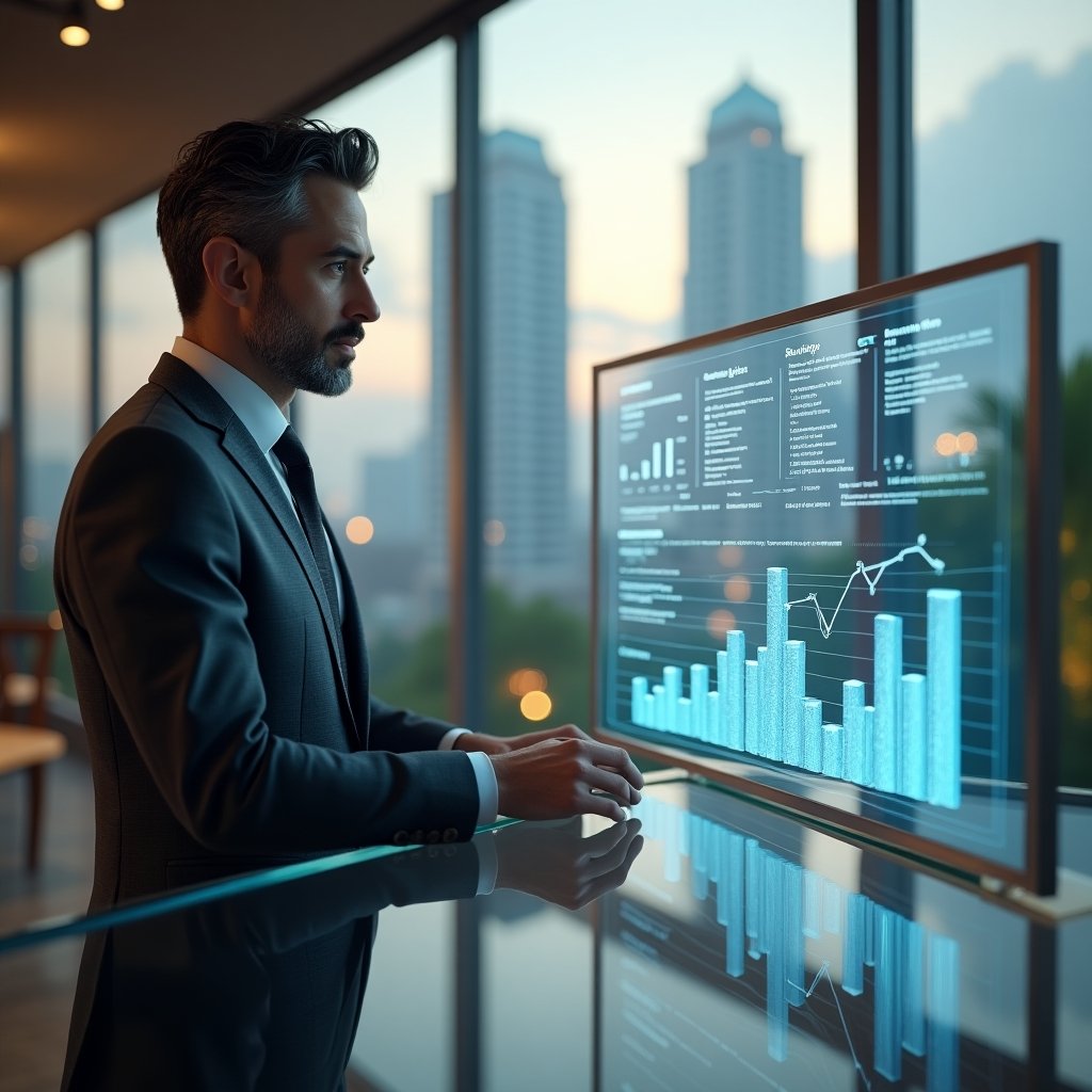 (Ultra-realistic condominium manager in a charcoal gray tailored suit, set in a modern luxury condominium environment with high-rise buildings and manicured gardens, standing at a glass desk reviewing a holographic financial dashboard of expense forecasts and contract negotiations, a floating 3D bar chart and dollar sign icons orbiting around, cinematic lighting, shallow depth of field, highly detailed textures, realistic skin, photographic realism, 8k resolution --ar 1:1 --v 6)