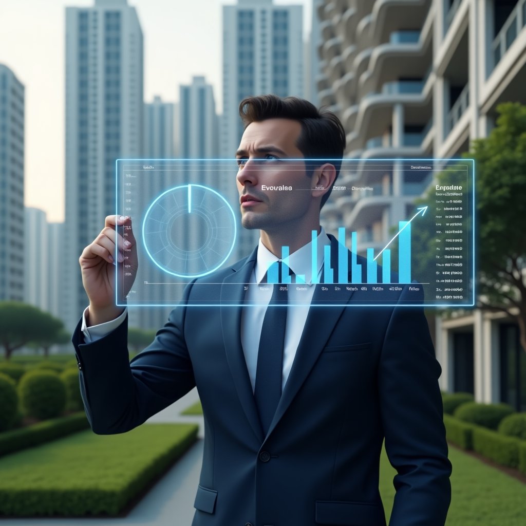 Ultra-realistic condominium manager in a navy blue suit, set in a modern luxury condominium environment with high‐rise buildings and manicured green landscaping, mid-shot, analyzing a holographic financial dashboard displaying pie charts and expense graphs, confidently pointing at a highlighted segment representing extraordinary expenses, cinematic lighting, shallow depth of field, highly detailed textures, realistic skin, photographic realism, 8k resolution --ar 1:1 --v 6