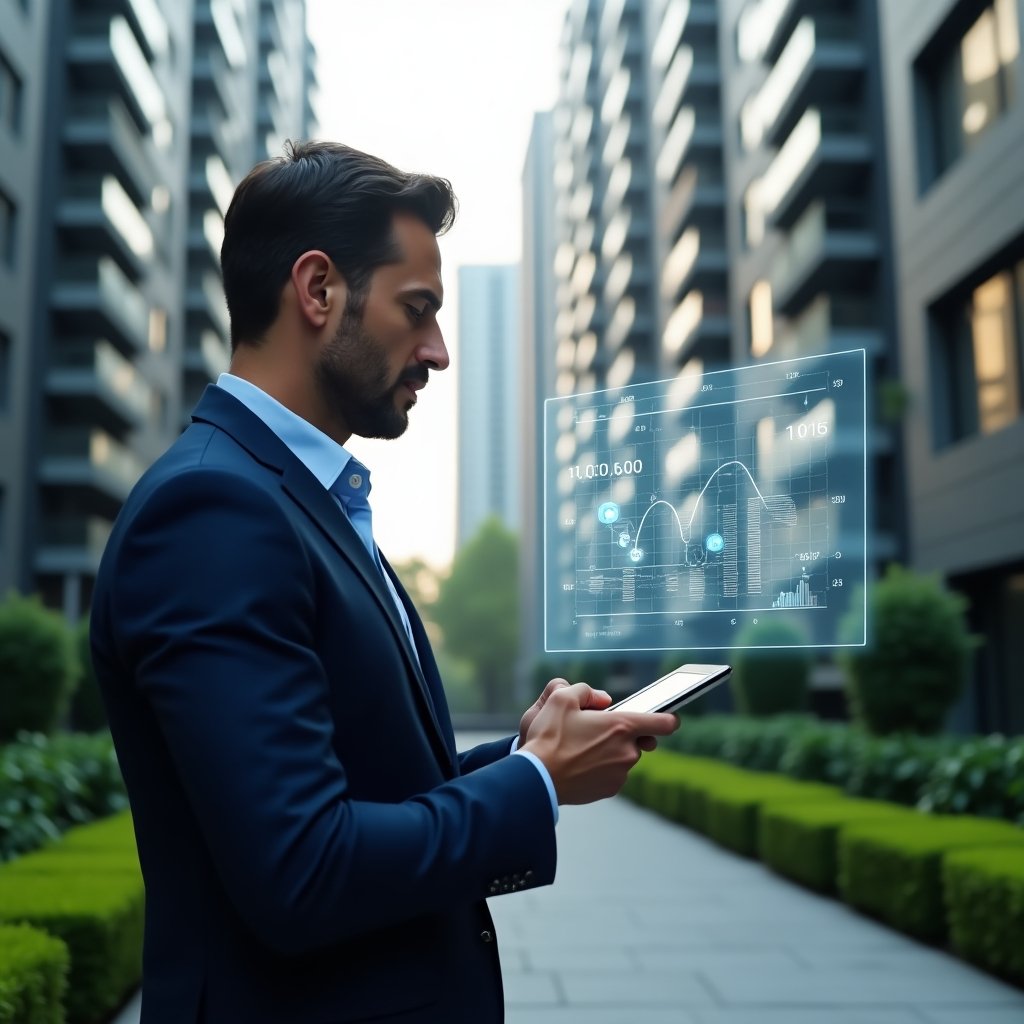 (Ultra-realistic condominium manager in a navy blue suit, set in a modern luxury condominium environment with high-rise buildings and manicured green landscaping, examining a floating holographic budget chart with reserve fund icons while holding a tablet, confident and thoughtful expression, subtle maintenance tools and financial symbols integrated into the scene, cinematic lighting, shallow depth of field, highly detailed textures, realistic skin, photographic realism, 8k resolution --ar 1:1 --v 6)