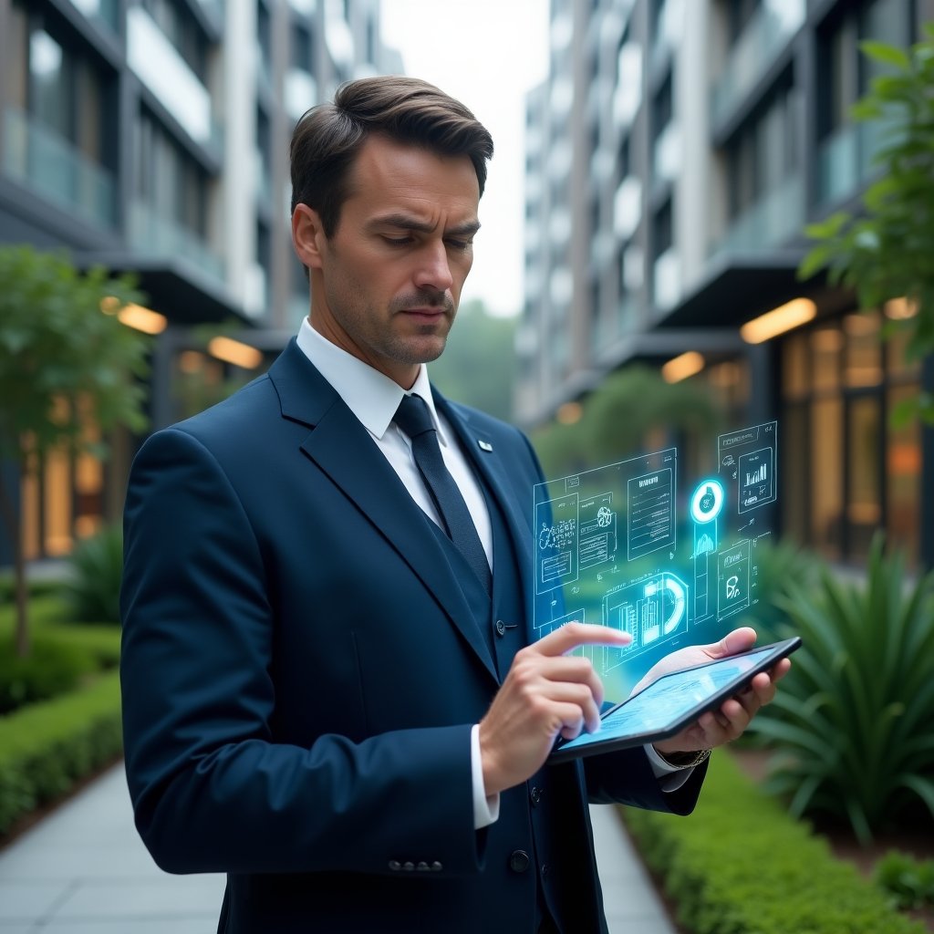 Ultra-realistic condominium manager in a tailored navy suit, set in a modern luxury condominium environment with high-rise buildings and manicured green landscaping, holding a digital tablet displaying holographic financial charts and energy-saving icons, analyzing budget graphs with a confident, thoughtful expression, cinematic lighting, shallow depth of field, highly detailed textures, realistic skin, photographic realism, 8k resolution --ar 1:1 --v 6