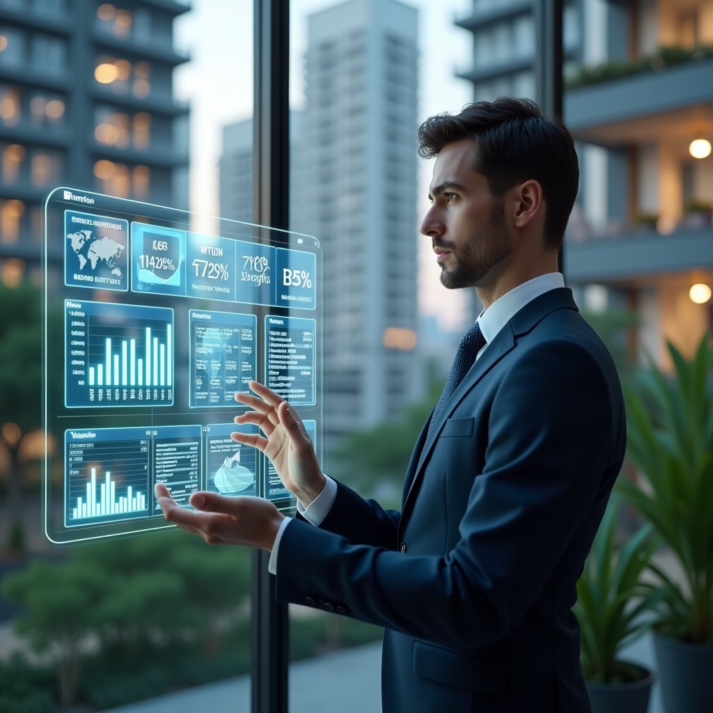 (Ultra-realistic condominium manager in a tailored navy suit, set in a modern luxury condominium environment with high-rise buildings and lush green landscaping, analyzing a holographic financial dashboard displaying revenue and expense charts in real time, transparent digital icons and floating receipts around, expression confident and focused, cinematic lighting, shallow depth of field, highly detailed textures, realistic skin, photographic realism, 8k resolution --ar 1:1 --v 6)