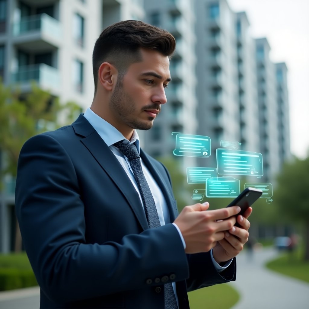 (Ultra-realistic condominium manager in a navy executive suit, set in a modern luxury condominium environment with high-rise buildings and lush green landscaping, holding a smartphone with holographic chat bubbles and notification icons floating around, looking confident and focused as they interact with a transparent messaging interface, cinematic lighting, shallow depth of field, highly detailed textures, realistic skin, photographic realism, 8k resolution --ar 1:1 --v 6)