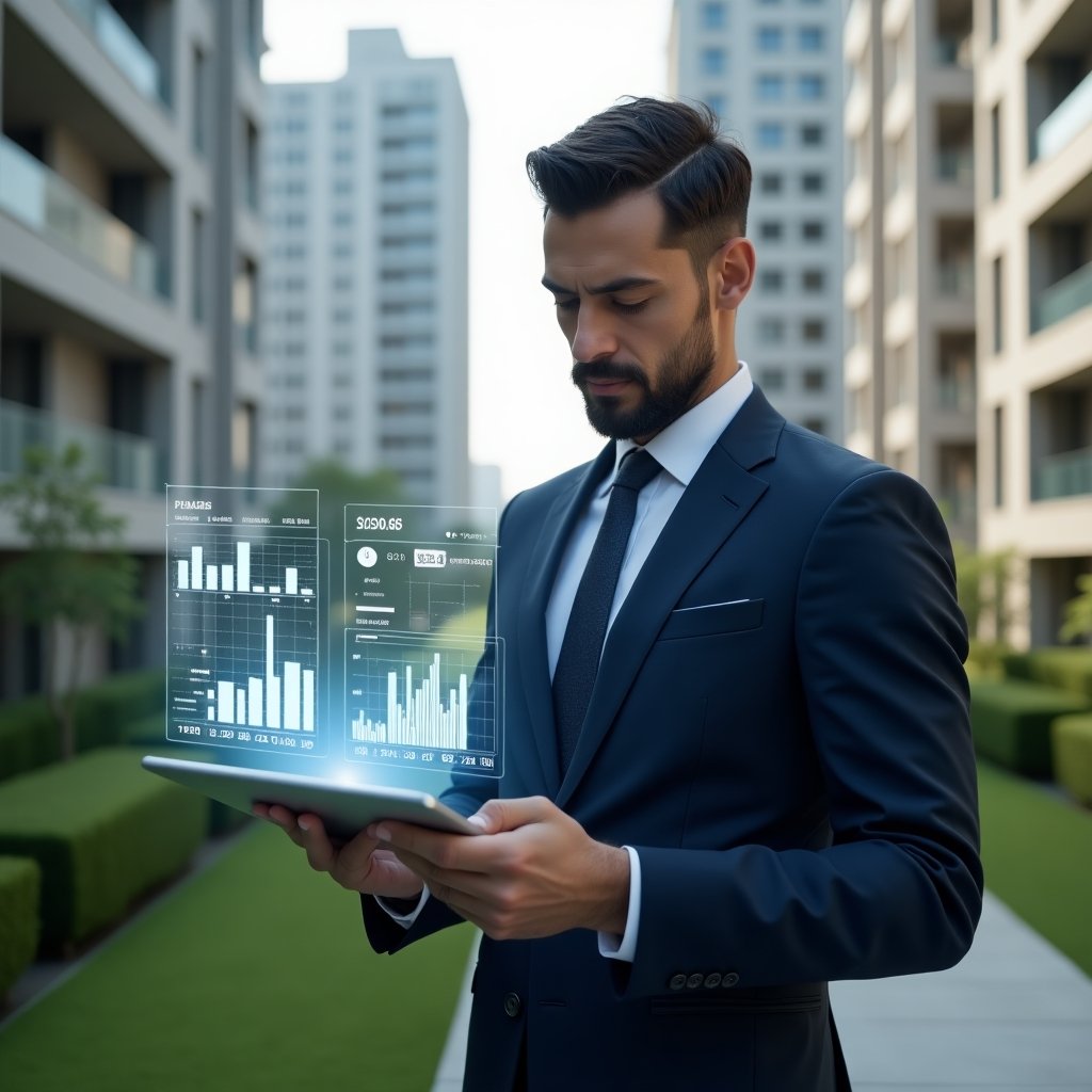 Ultra-realistic condominium manager in a tailored navy suit, set in a modern luxury condominium environment with high-rise buildings and manicured green landscaping, reviewing holographic expense charts projected from a transparent tablet, floating budget graphs and cost-control icons, confident and focused expression, cinematic lighting, shallow depth of field, highly detailed textures, realistic skin, photographic realism, 8k resolution --ar 1:1 --v 6