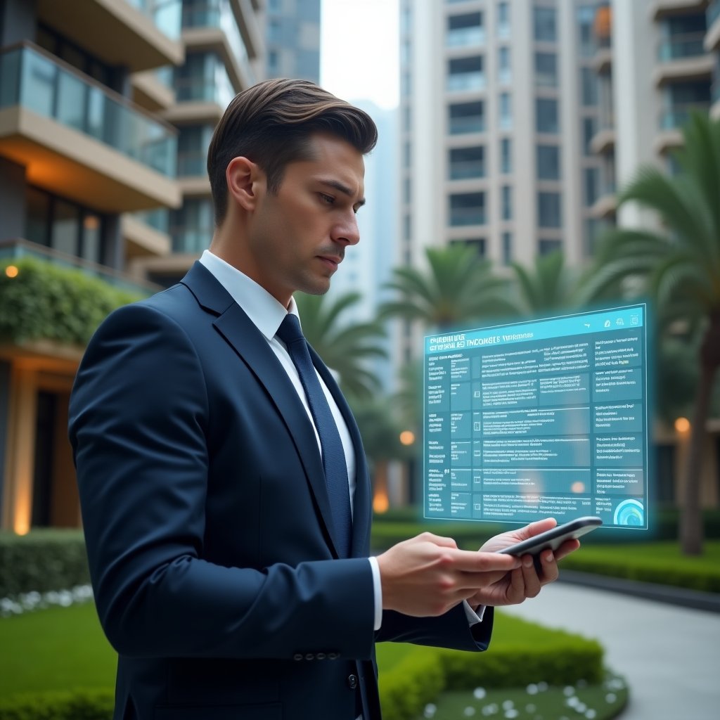 Ultra-realistic condo manager in a tailored navy suit, set in a modern luxury condominium environment with high-rise buildings and manicured green gardens, reviewing a holographic maintenance schedule with a digital timeline floating before them, confident and focused expression, cinematic lighting, shallow depth of field, highly detailed textures, realistic skin, photographic realism, 8k resolution --ar 1:1 --v 6
