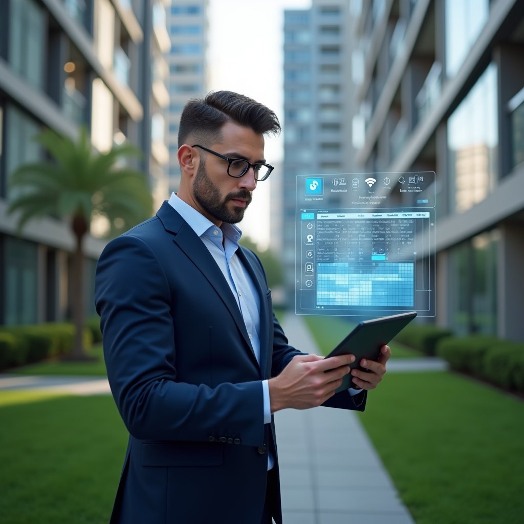 Ultra-realistic property manager in a navy blue business suit, set in a modern luxury condominium environment with high-rise buildings and manicured green landscaping, confidently reviewing a holographic maintenance schedule projected from a tablet, floating calendar icons and task checkmarks symbolizing an efficient activity timeline, cinematic lighting, shallow depth of field, highly detailed textures, realistic skin, photographic realism, 8k resolution --ar 1:1 --v 6