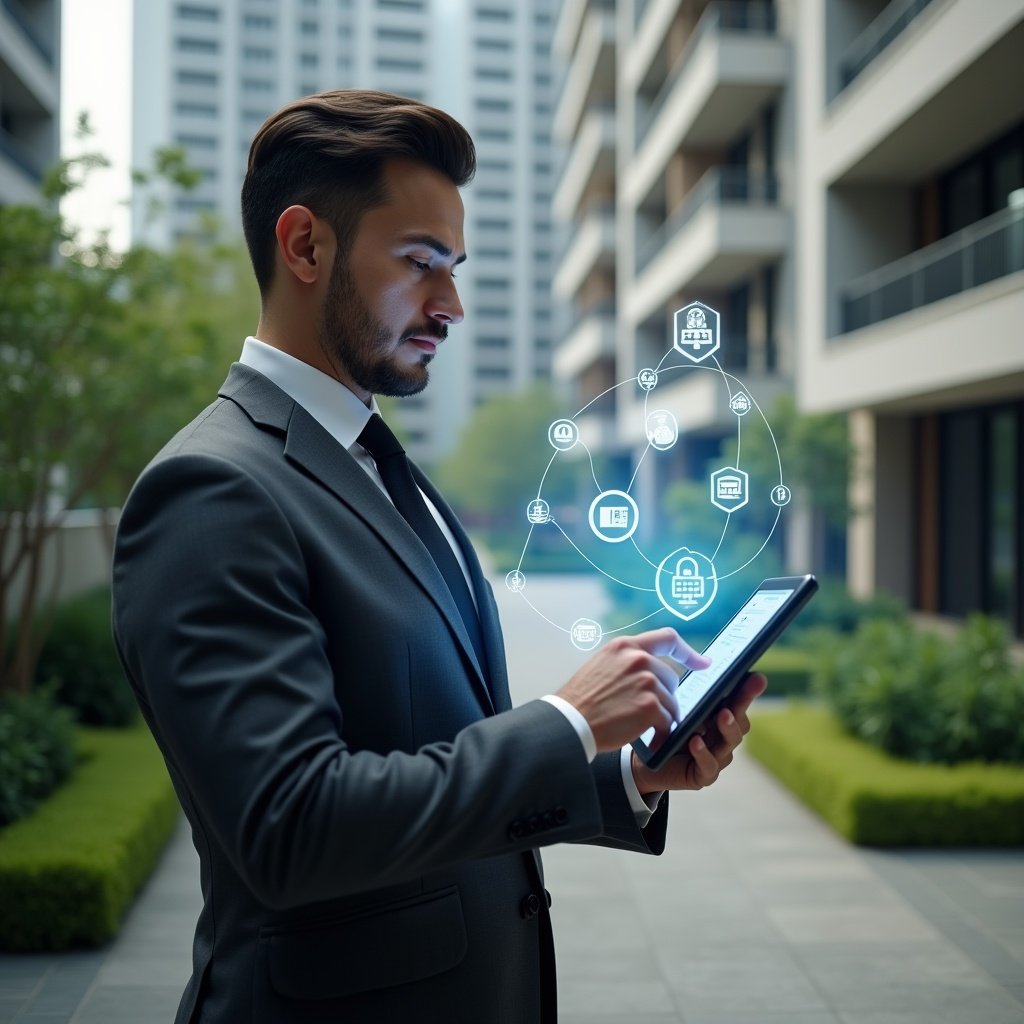 (Ultra-realistic condominium manager in a dark gray suit, set in a modern luxury condominium environment with high-rise buildings and lush green landscaping, holding a digital tablet displaying a holographic activity schedule, confidently organizing tasks with floating icons for maintenance, security and community engagement, cinematic lighting, shallow depth of field, highly detailed textures, realistic skin, photographic realism, 8k resolution --ar 1:1 --v 6)
