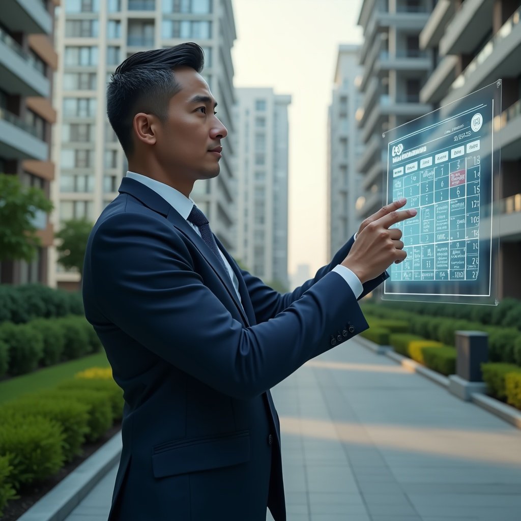 Ultra-realistic condominium manager in a tailored navy suit, set in a modern luxury condominium environment with high-rise buildings and manicured green landscaping, medium shot of them pointing at a floating holographic calendar schedule model with icons for maintenance tools and event alerts, confident and focused expression, cinematic lighting, shallow depth of field, highly detailed textures, realistic skin, photographic realism, 8k resolution --ar 1:1 --v 6