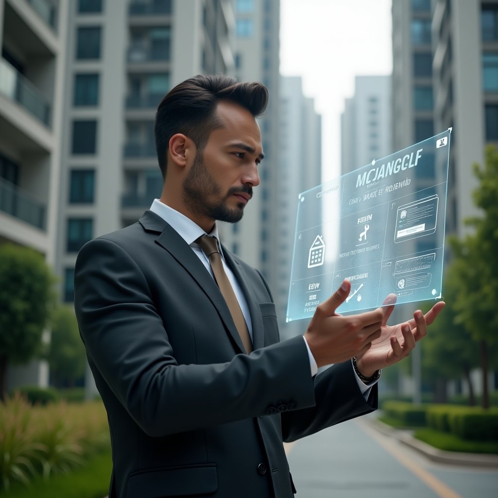 Ultra-realistic condominium manager in a tailored charcoal suit, set in a modern luxury condominium environment with high-rise buildings and lush green landscaping, examining a floating holographic schedule of maintenance tasks with calendar and wrench icons, confident and focused expression, cinematic lighting, shallow depth of field, highly detailed textures, realistic skin, photographic realism, 8k resolution --ar 1:1 --v 6