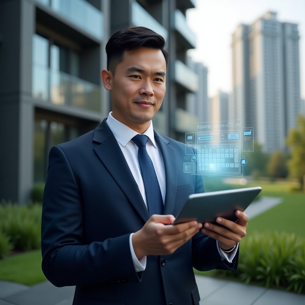 (Ultra-realistic condominium property manager in a tailored navy suit, set in a modern luxury condominium environment with high-rise buildings and manicured green landscaping, holding a tablet displaying a holographic activity schedule, floating calendar icons and app interface elements around the device, confident and focused expression, cinematic lighting, shallow depth of field, highly detailed textures, realistic skin, photographic realism, 8k resolution --ar 1:1 --v 6)