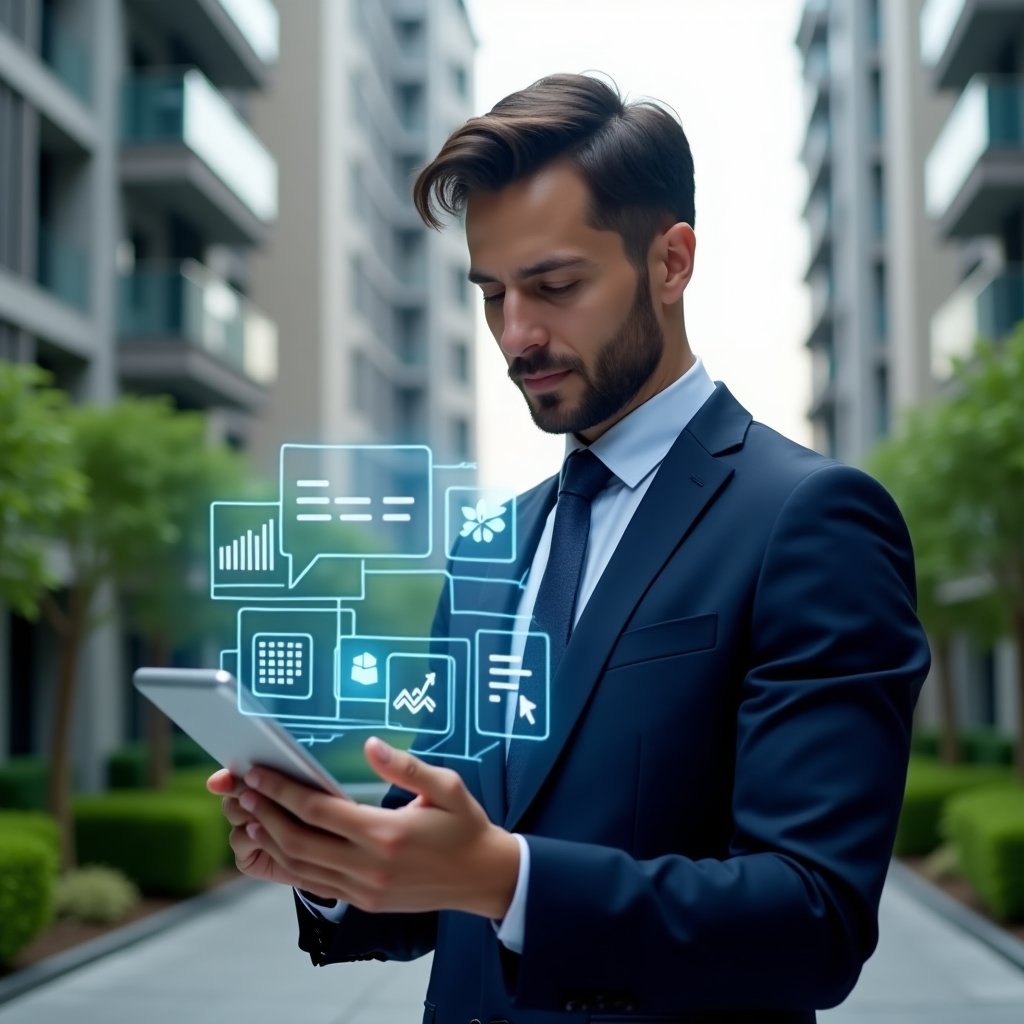 Ultra-realistic condominium manager in a navy blue executive suit, set in a modern luxury condominium environment with high-rise buildings and meticulously maintained green landscaping, holding a transparent tablet and analyzing holographic icons of financial graphs, calendar reservations, and chat bubbles, confident and focused expression, cinematic lighting, shallow depth of field, highly detailed textures, realistic skin, photographic realism, 8k resolution --ar 1:1 --v 6
