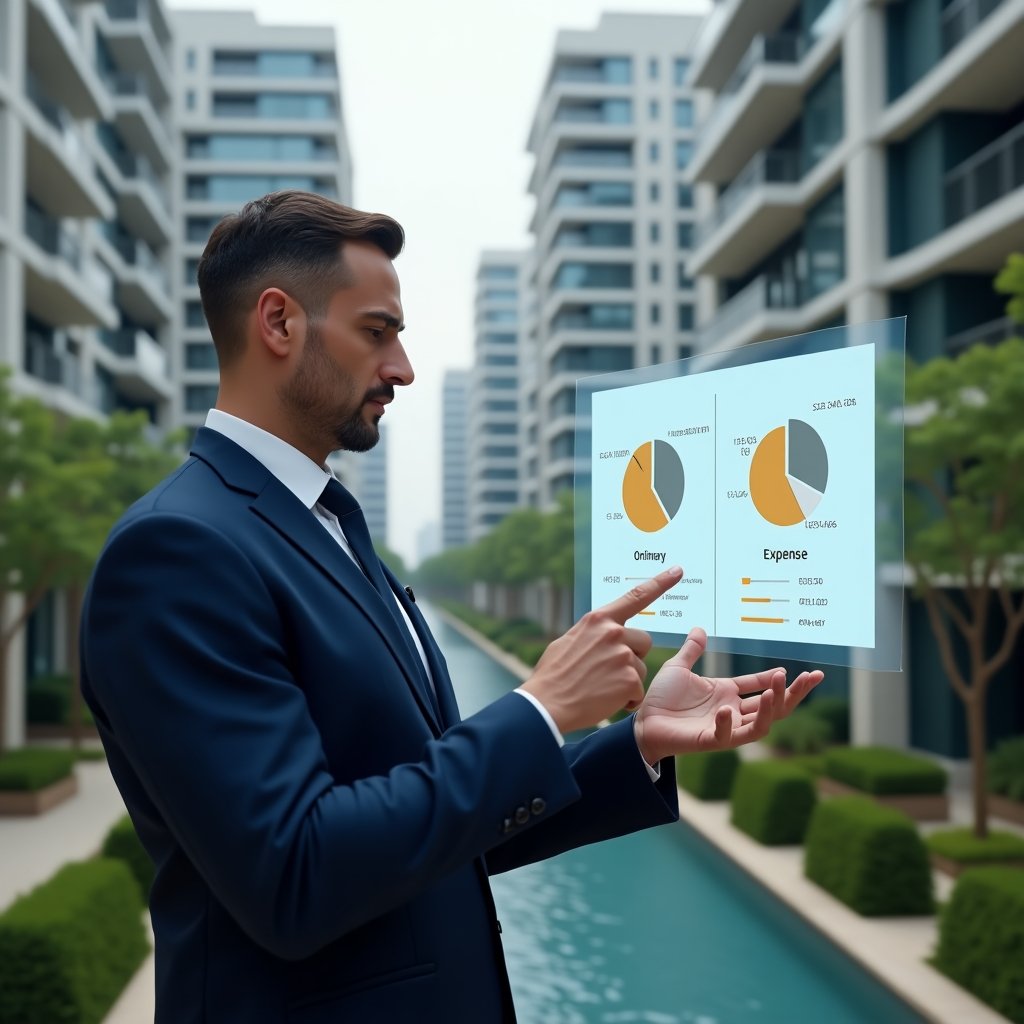 (Ultra-realistic property manager in a navy blue suit, set in a modern luxury condominium environment with high-rise buildings and lush green landscaping, mid-shot of a confident manager reviewing invoices and pointing at a floating holographic budget chart separating ordinary and extraordinary expense categories, subtle icons of receipts and pie charts orbiting around, cinematic lighting, shallow depth of field, highly detailed textures, realistic skin, photographic realism, 8k resolution --ar 1:1 --v 6)