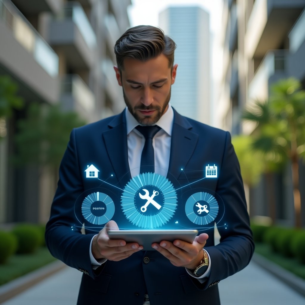 Ultra-realistic condominium manager in a navy tailored suit, set in a modern luxury condominium environment with high-rise buildings and manicured green landscaping, mid-shot of the professional analyzing a digital tablet displaying holographic pie charts labeled “ordinary vs extraordinary expenses,” floating icons of a wrench and calendar, cinematic lighting, shallow depth of field, highly detailed textures, realistic skin, photographic realism, 8k resolution --ar 1:1 --v 6