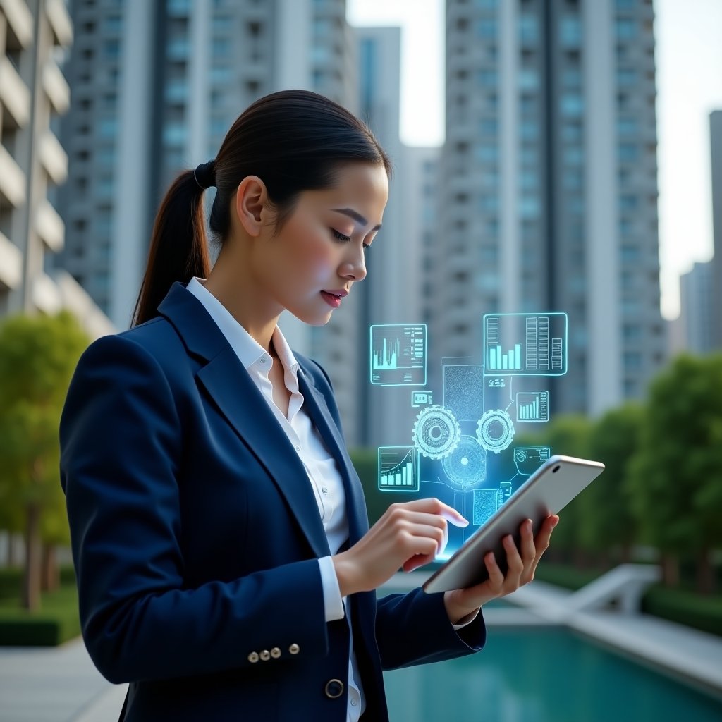 Ultra-realistic condominium manager in a navy blue suit, set in a modern luxury condominium environment with high-rise buildings and lush green landscaping, analyzing a holographic interface projected from a sleek tablet displaying digital charts, gears and document icons symbolizing automation, conveying confidence and efficiency, cinematic lighting, shallow depth of field, highly detailed textures, realistic skin, photographic realism, 8k resolution --ar 1:1 --v 6
