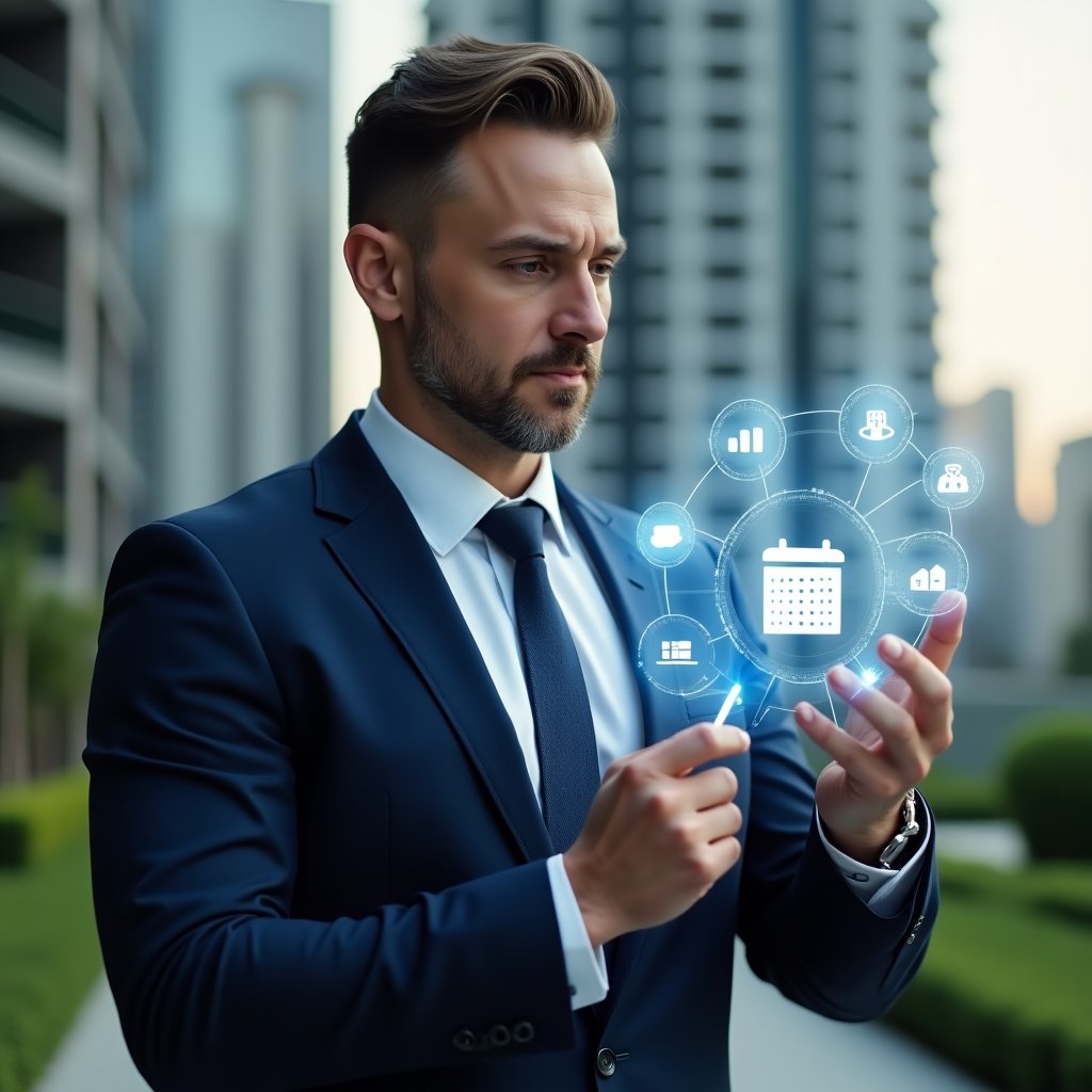 (Ultra-realistic condominium manager in a navy blue executive suit, set in a modern luxury condominium environment with high-rise buildings and manicured green landscaping, holding and interacting with a semi-transparent holographic interface displaying icons for financial charts, calendar reservations, and chat bubbles, confident expression, cinematic lighting, shallow depth of field, highly detailed textures, realistic skin, photographic realism, 8k resolution --ar 1:1 --v 6)
