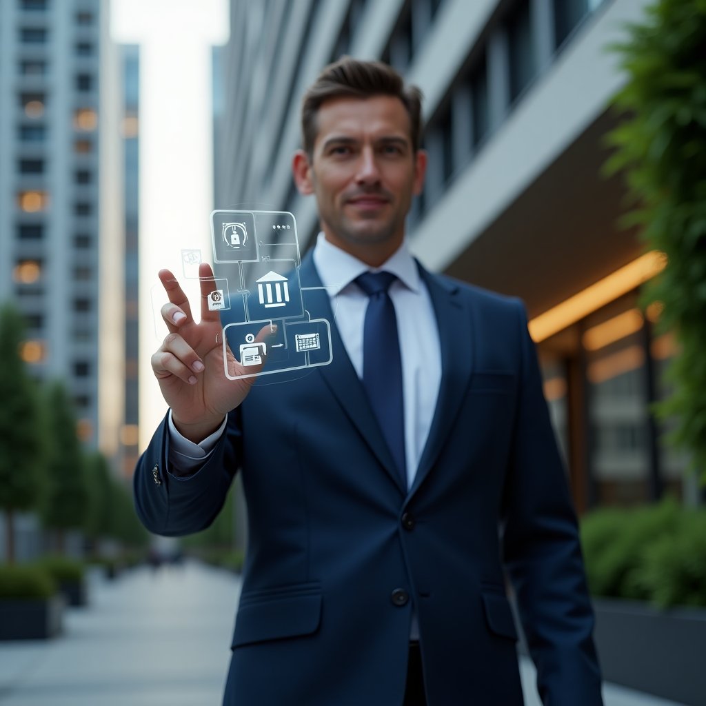 (Ultra-realistic condominium manager in a tailored navy suit, set in a modern luxury condominium environment with high-rise buildings and manicured green landscaping, confidently interacting with a holographic interface displaying floating app icons for communication, finance, reservations and maintenance, cinematic lighting, shallow depth of field, highly detailed textures, realistic skin, photographic realism, 8k resolution --ar 1:1 --v 6)