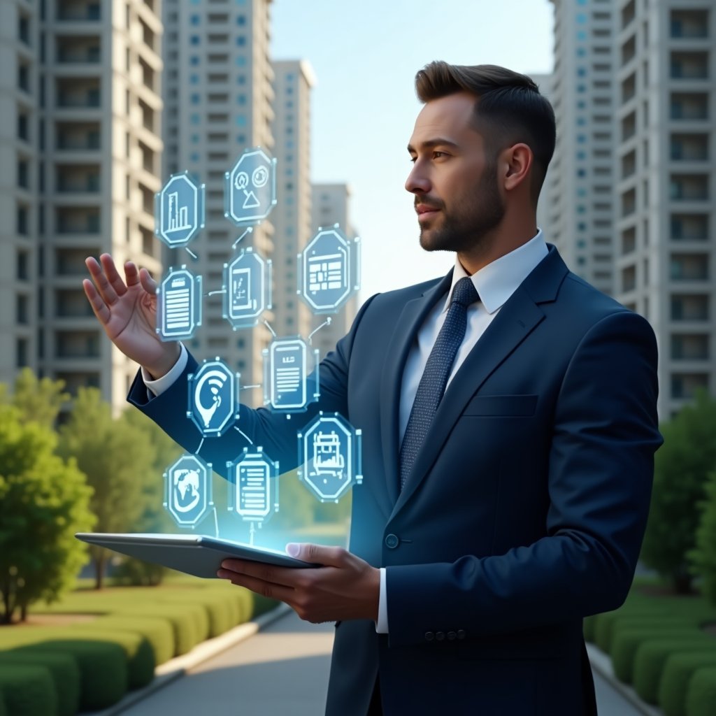 (Ultra-realistic condominium manager in a navy suit, set in a modern luxury condominium environment with high-rise buildings and lush green landscaping, medium shot of a confident professional interacting with a floating holographic interface displaying icons for billing, reservations, financial reports and communication, digital holograms of charts and calendar, cinematic lighting, shallow depth of field, highly detailed textures, realistic skin, photographic realism, 8k resolution --ar 1:1 --v 6)