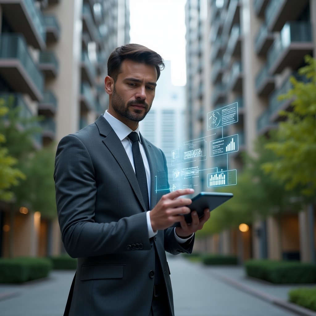 Ultra-realistic condominium manager in a charcoal gray tailored suit, set in a modern luxury condominium environment with high-rise buildings and lush landscaping, holding a tablet and tapping on holographic icons representing financial charts, communication messages, reservation calendars and maintenance alerts, confident and focused expression, cinematic lighting, shallow depth of field, highly detailed textures, realistic skin, photographic realism, 8k resolution --ar 1:1 --v 6