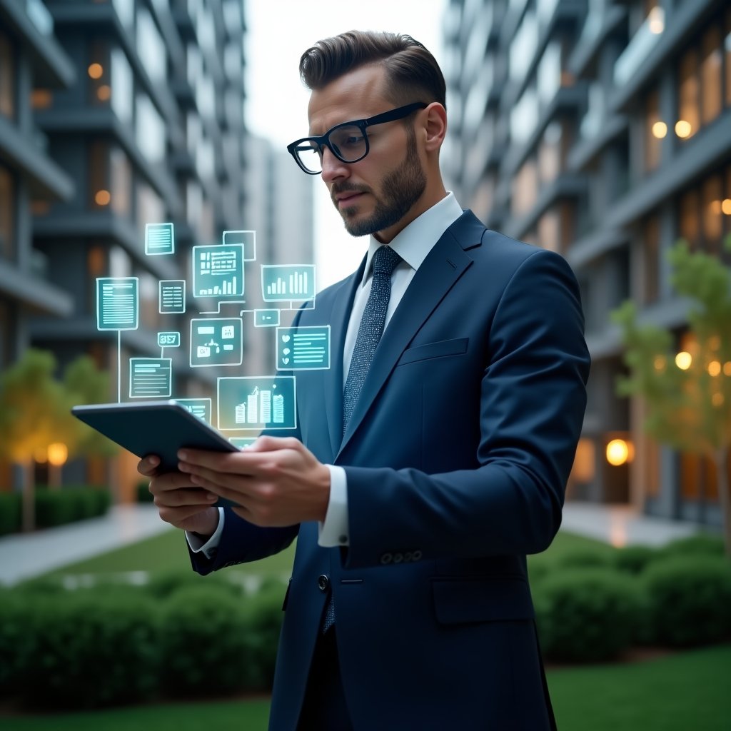 (Ultra-realistic condominium manager in a tailored navy suit, set in a modern luxury condominium environment with high-rise buildings and manicured green landscaping, holding a tablet displaying holographic icons of financial charts, calendar and chat bubbles, confidently reviewing data, holographic interface elements floating around, cinematic lighting, shallow depth of field, highly detailed textures, realistic skin, photographic realism, 8k resolution --ar 1:1 --v 6)