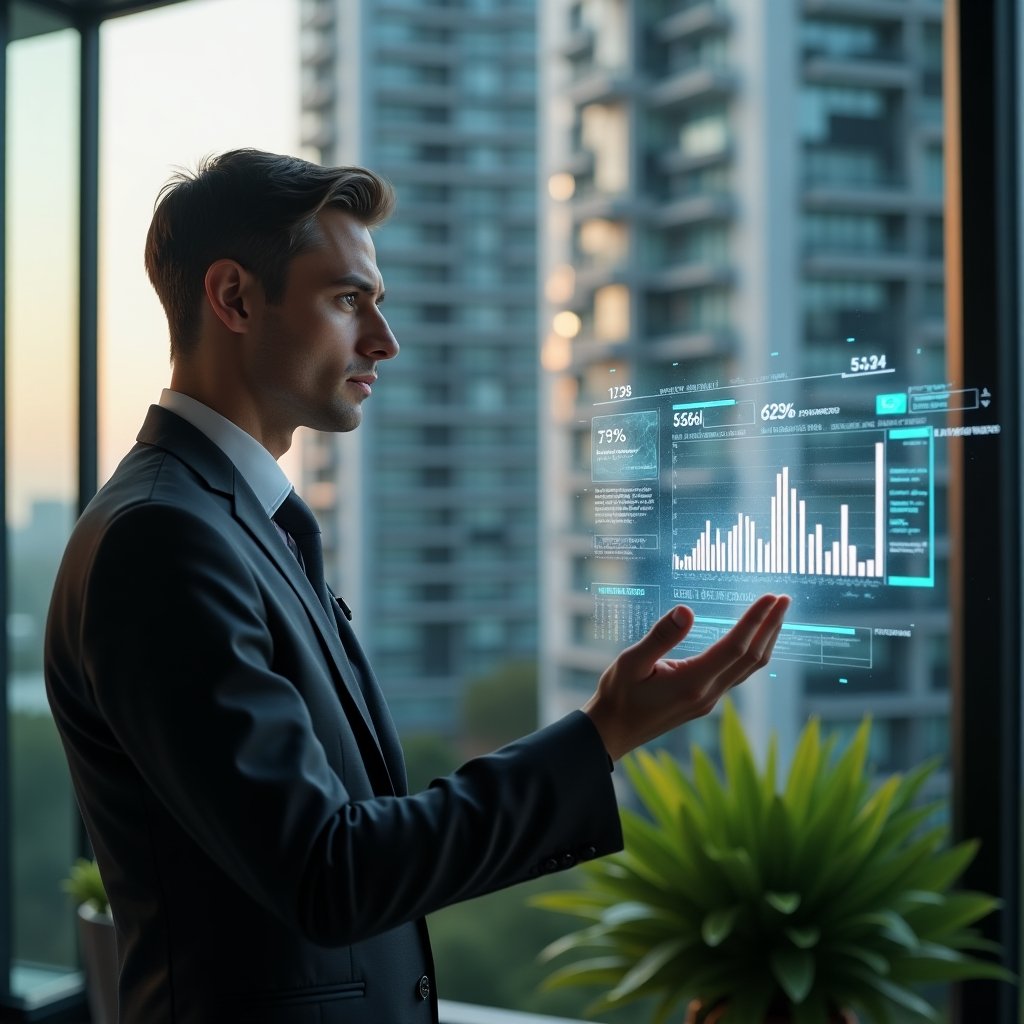 (Ultra-realistic condominium manager in a charcoal business suit, set in a modern luxury condominium environment with high-rise buildings and lush green landscaping, examining a holographic interface of a property management app with floating error icons and performance charts, thoughtful expression, cinematic lighting, shallow depth of field, highly detailed textures, realistic skin, photographic realism, 8k resolution --ar 1:1 --v 6)