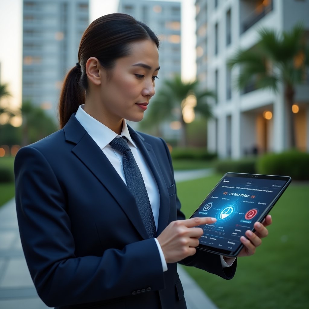 (Ultra-realistic condominium manager in a navy executive suit, set in a modern luxury condominium environment with high-rise buildings and meticulously manicured green landscaping, holding a tablet displaying a dashboard with holographic error icons and checkmarks, analyzing data with a confident, thoughtful expression, cinematic lighting, shallow depth of field, highly detailed textures, realistic skin, photographic realism, 8k resolution --ar 1:1 --v 6)