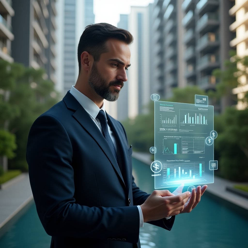 (Ultra-realistic condominium manager in a dark navy suit, set in a modern luxury condominium environment with high-rise buildings and lush green landscaping, analyzing a holographic financial report with floating charts and graphs, pointing at a transparent ledger interface symbolizing transparency and trust, confident and focused expression, cinematic lighting, shallow depth of field, highly detailed textures, realistic skin, photographic realism, 8k resolution --ar 1:1 --v 6)