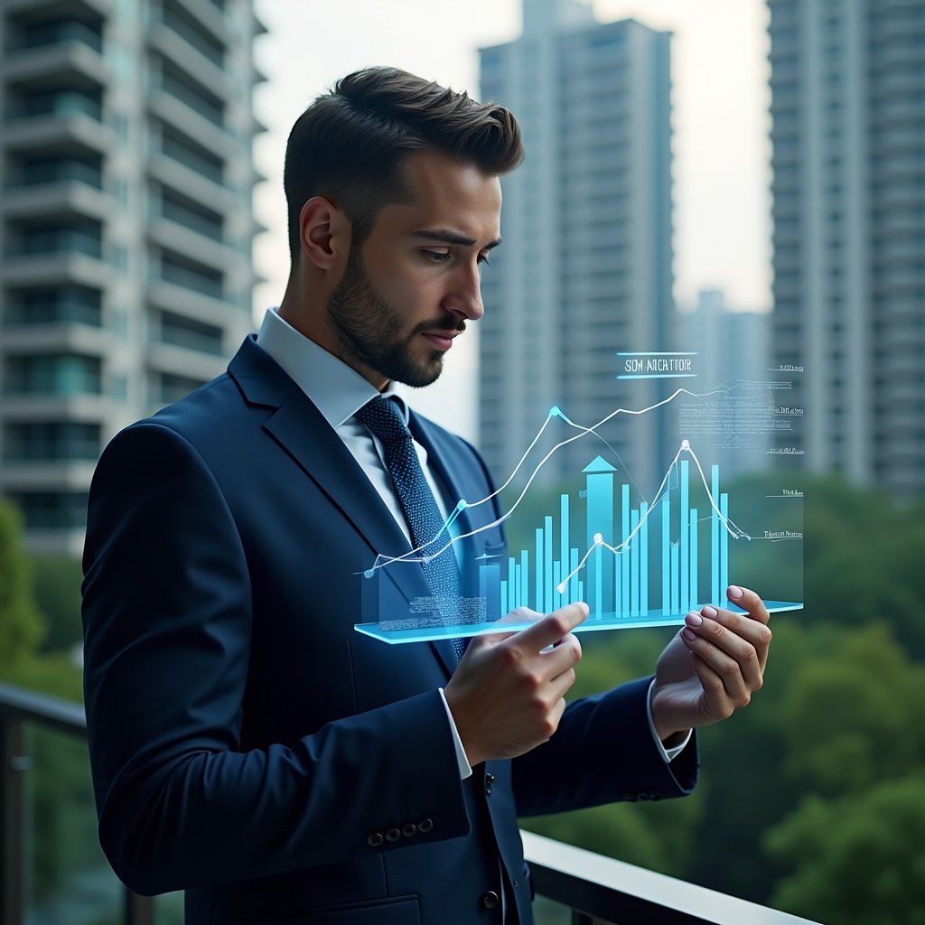 (Ultra-realistic condominium manager in a dark blue suit, set in a modern luxury condominium environment with high-rise buildings and lush green landscaping, examining holographic financial charts highlighting accounting errors, serious and focused expression, cinematic lighting, shallow depth of field, highly detailed textures, realistic skin, photographic realism, 8k resolution --ar 1:1 --v 6)