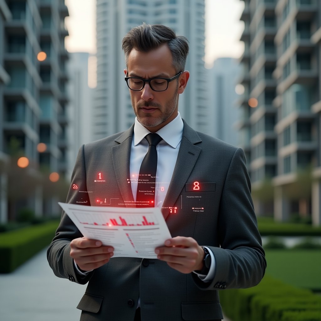 (Ultra-realistic condominium manager in a charcoal gray tailored suit, set in a modern luxury condominium environment with high-rise buildings and manicured green landscaping, holding a holographic financial report with red warning icons and charts highlighted, studying the data with a thoughtful, confident expression, floating spreadsheet and error symbol overlays, cinematic lighting, shallow depth of field, highly detailed textures, realistic skin, photographic realism, 8k resolution --ar 1:1 --v 6)