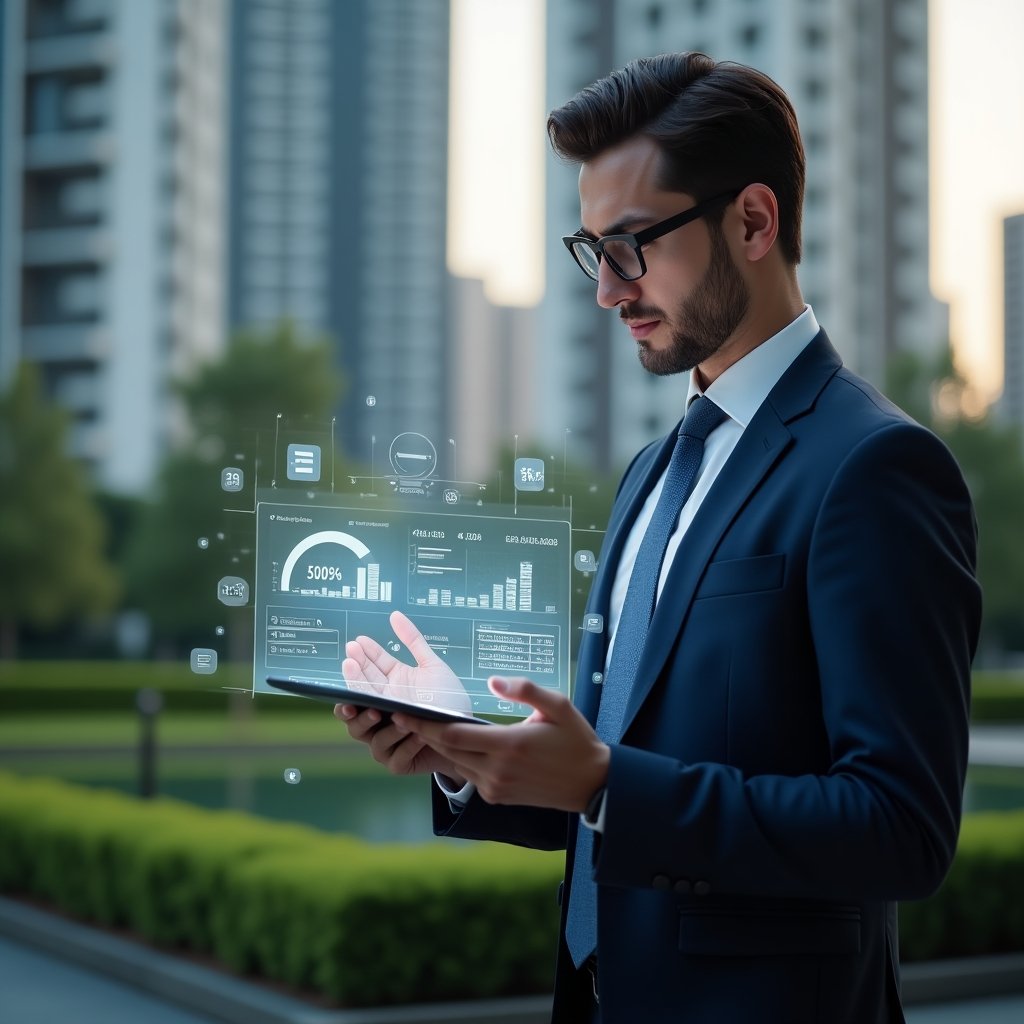 Ultra-realistic professional condominium manager in a navy suit, set in a modern luxury condominium environment with high-rise buildings and manicured green landscaping, reviewing holographic financial charts and reports on a transparent tablet with a focused, confident expression, floating icons of invoices and checkmarks around, cinematic lighting, shallow depth of field, highly detailed textures, realistic skin, photographic realism, 8k resolution --ar 1:1 --v 6